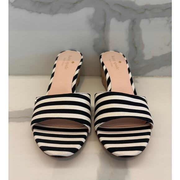 KATE SPADE NEW YORK LINDA WEDGE SANDALS NWOT SIZE 8.5 BLACK/WHITE CANVAS - Picture 2 of 6